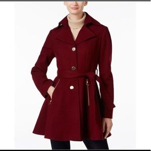 Cabernet Red Wool-Blend Skirted Belted Peacoat